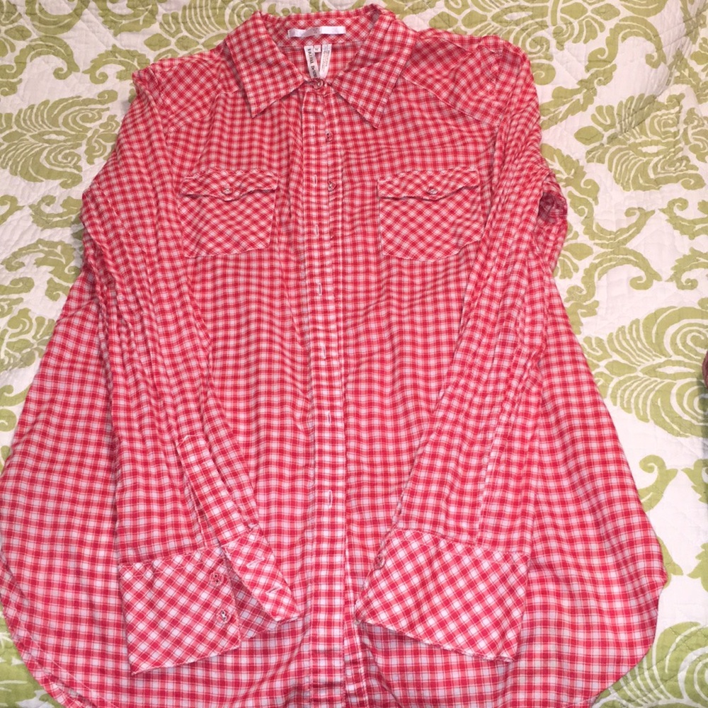 Red and white gingham button down top size medium